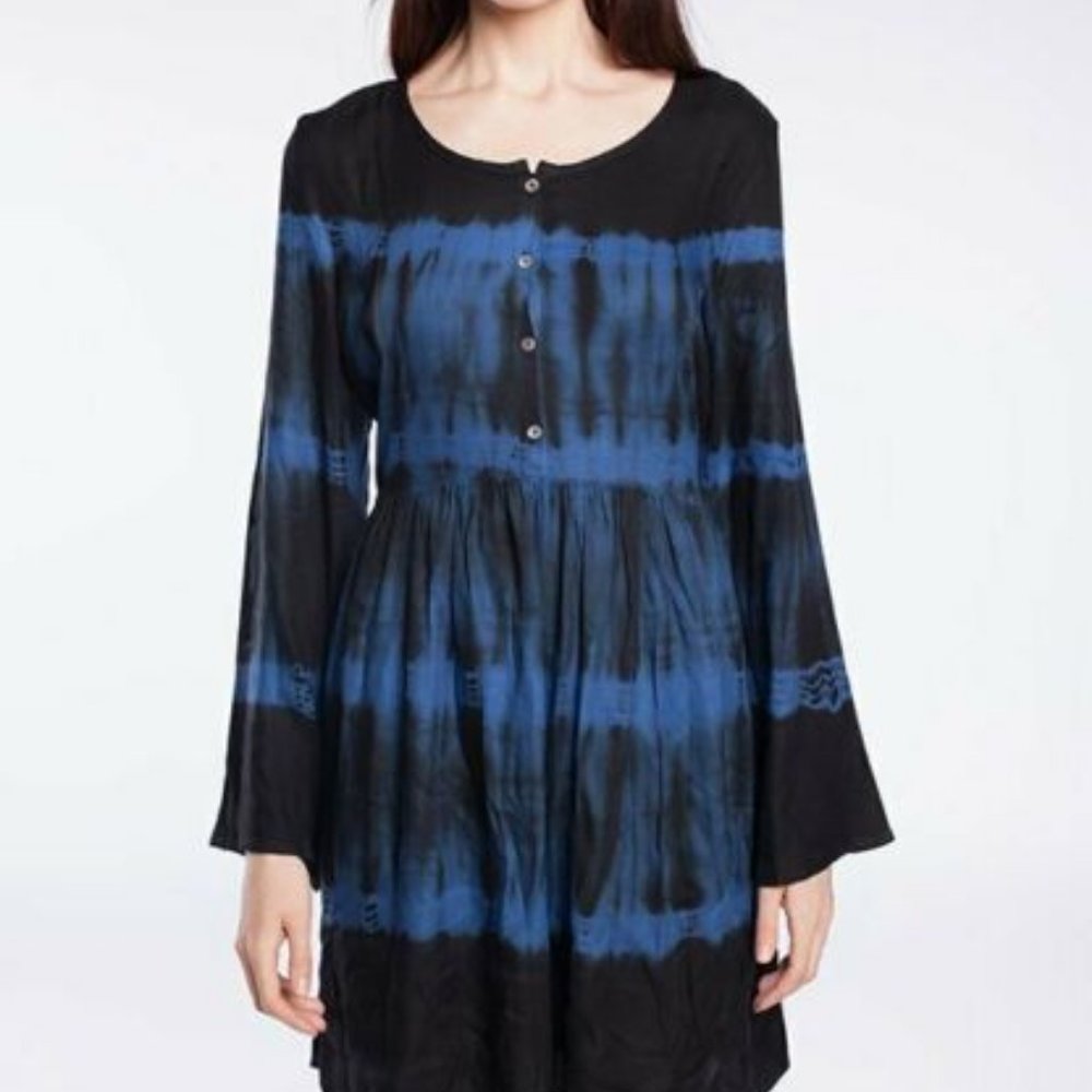California Moonrise Black & Blue Tie-Dye Peasant Dress M